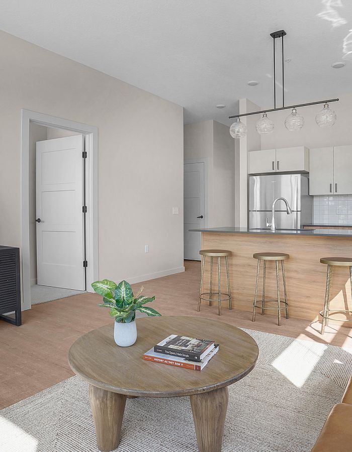 Open-concept apartment interior with modern kitchen and designer finishes at The Whitney apartments.